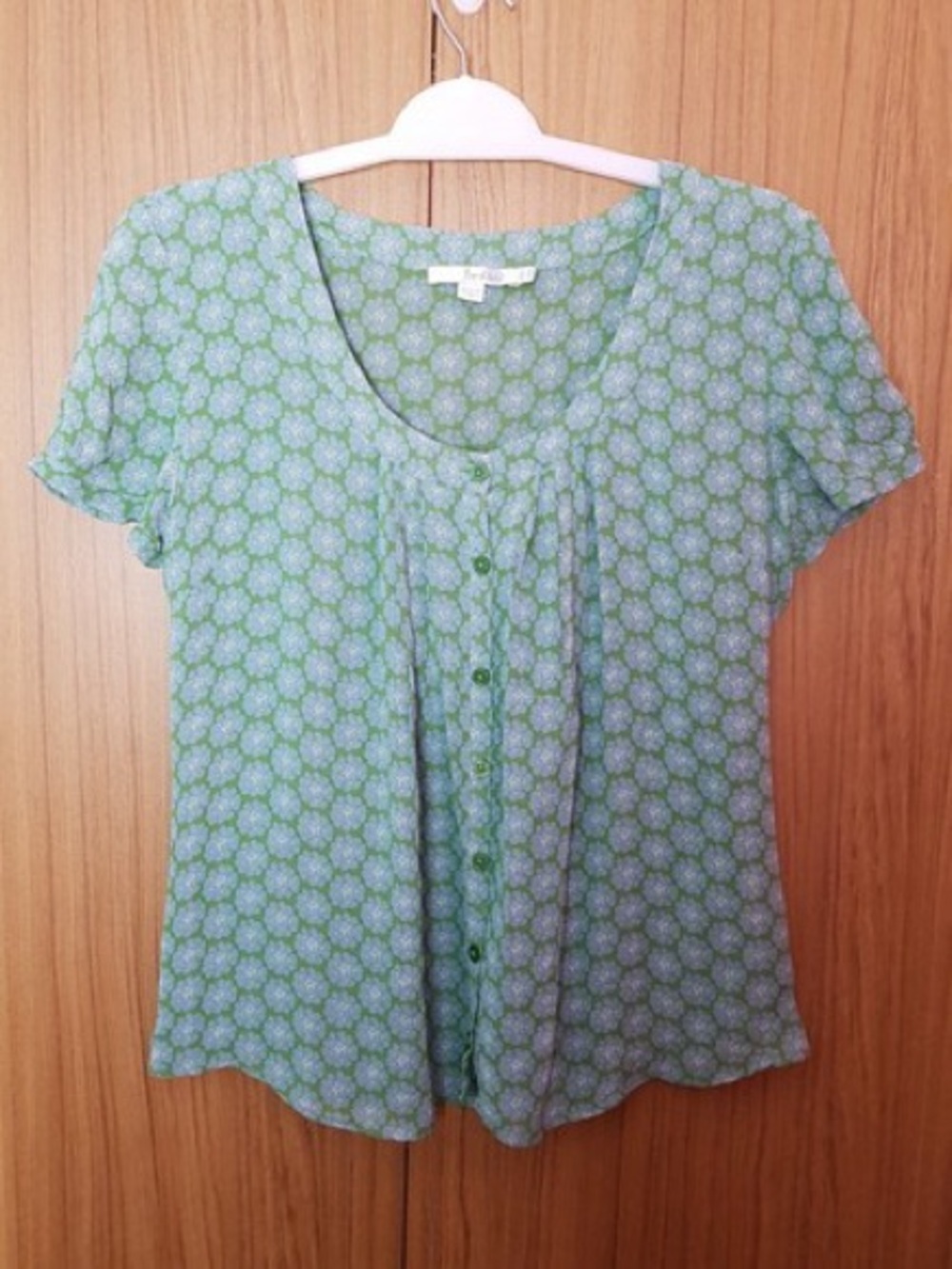 BODEN Floral Green/Blue Semi Sheer Short Sleeve Button Down Blouse Top
